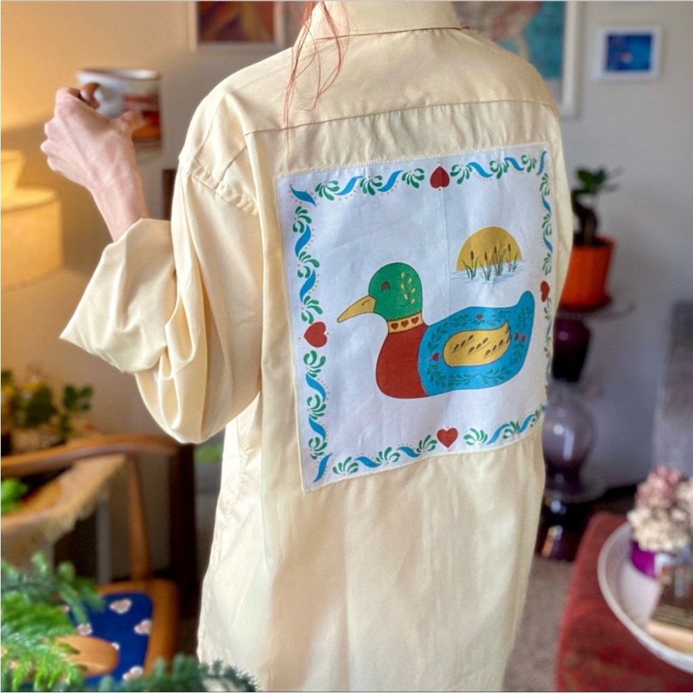 Custom Upcycled Vintage Button Front Shirt W/ Embroidered Farmhouse Duck Patch